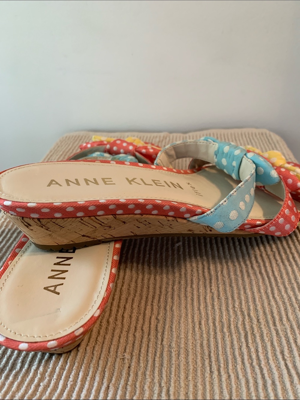 Anne Klein Polka Dot Bow Sandals in Coral, Blue & Yellow - Picture 4 of 7